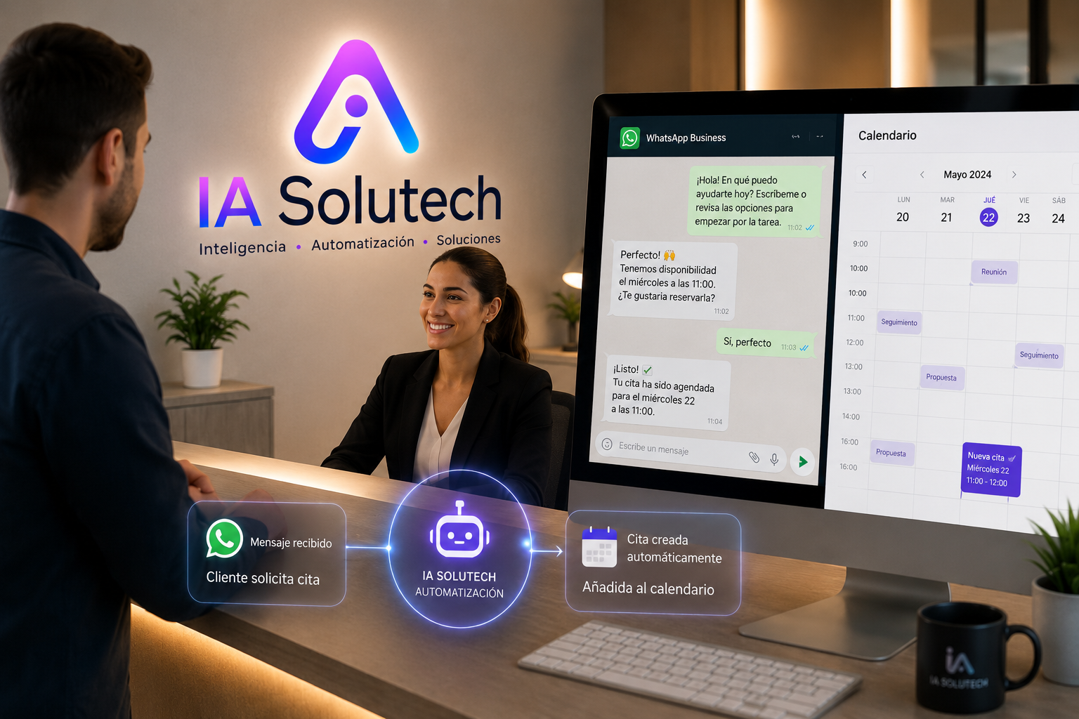 Recepción automatizada con IA Solutech, WhatsApp y calendario inteligente